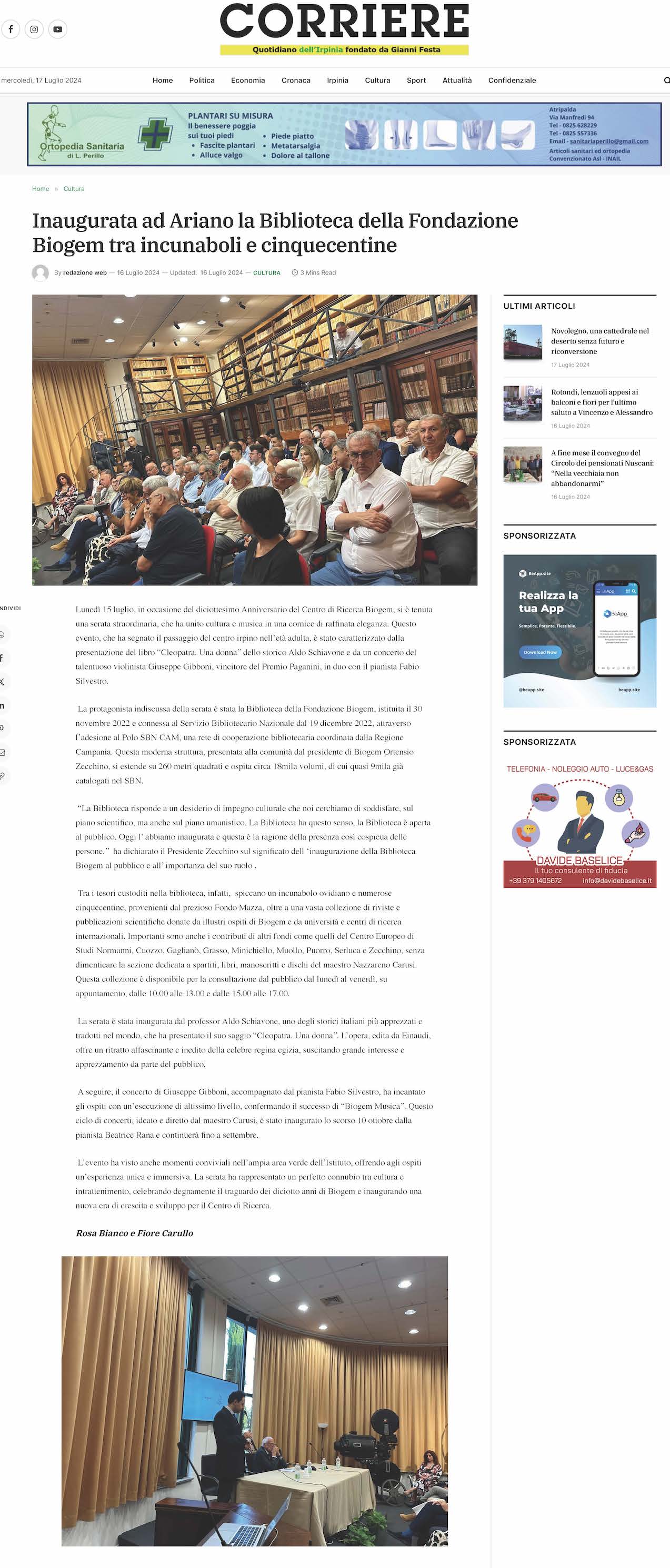 Inaugurata ad Ariano la Biblioteca della Fondazione Biogem tra incunaboli e cinquecentine